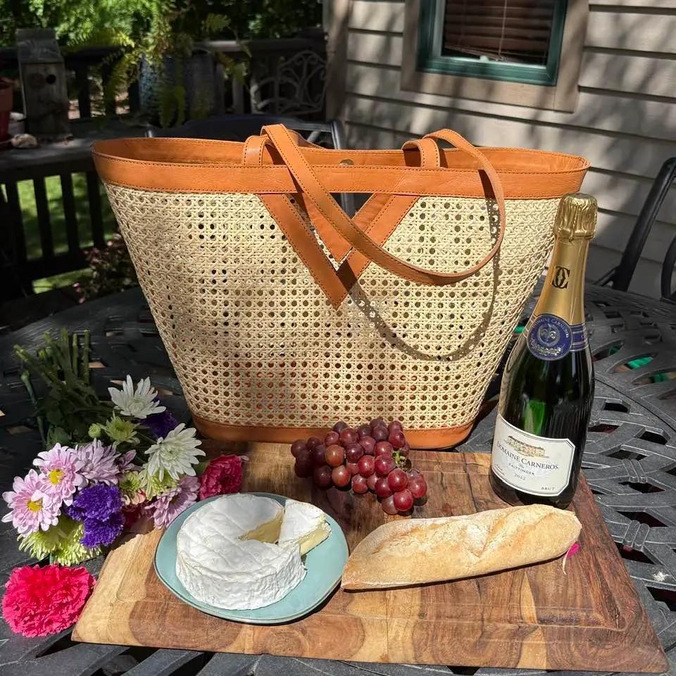 Rattan Large Square Cane Weave Tote w/Triangle
