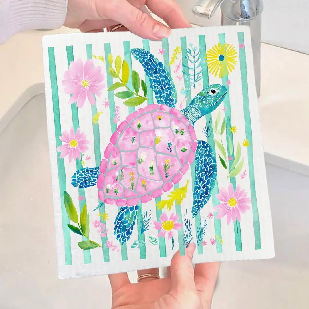 Pastel Coastal Sea Turtle Swedish Dish Cloth