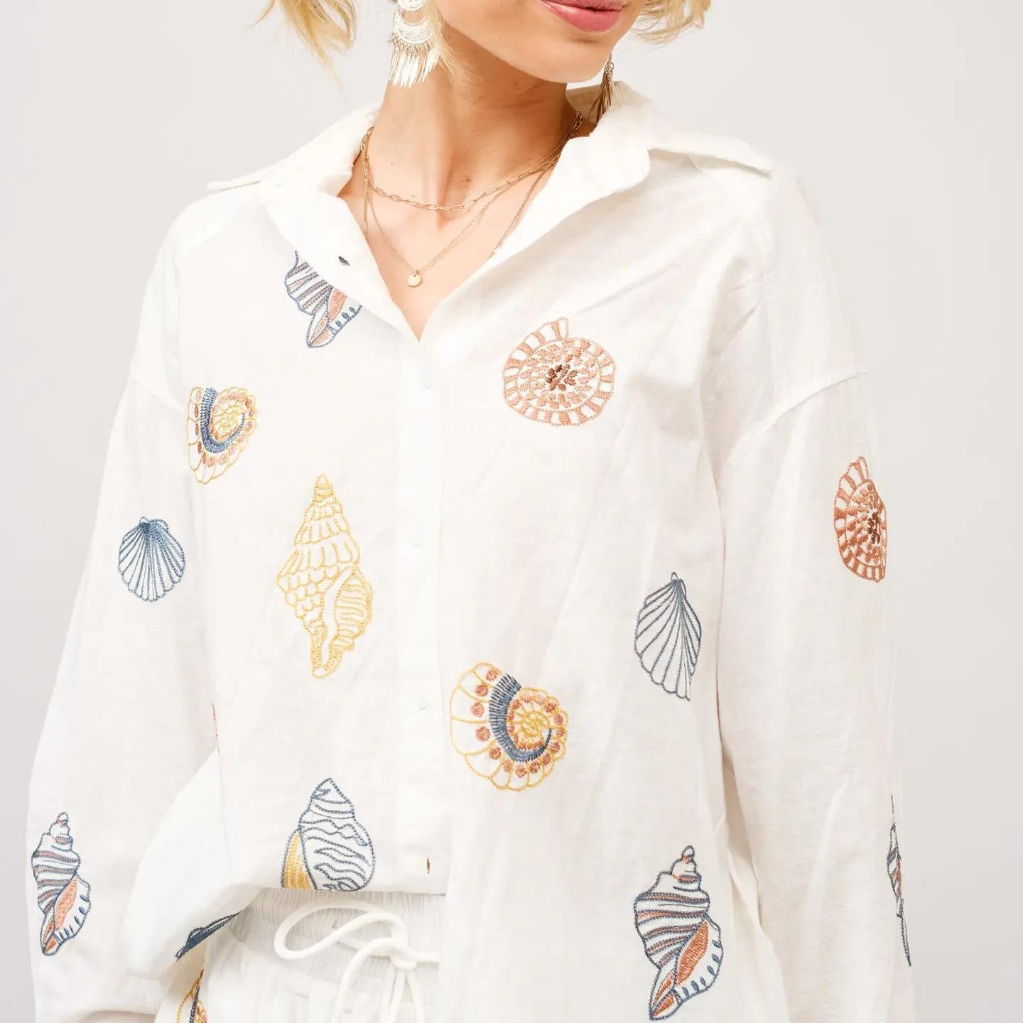Linen Seashell Embroidered Shirt