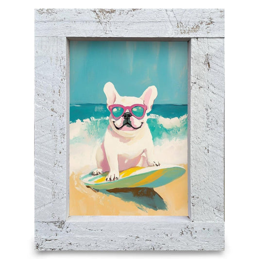 Surfs up French Bulldog Wood Framed Art