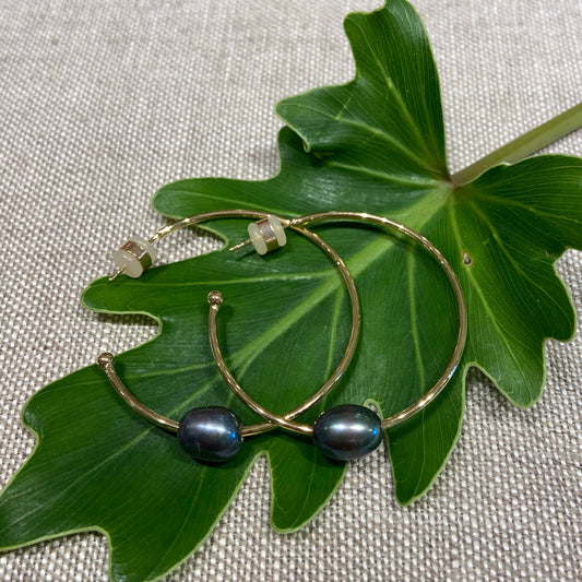 Dark Freshwater Pearl Large Hoop Earrings