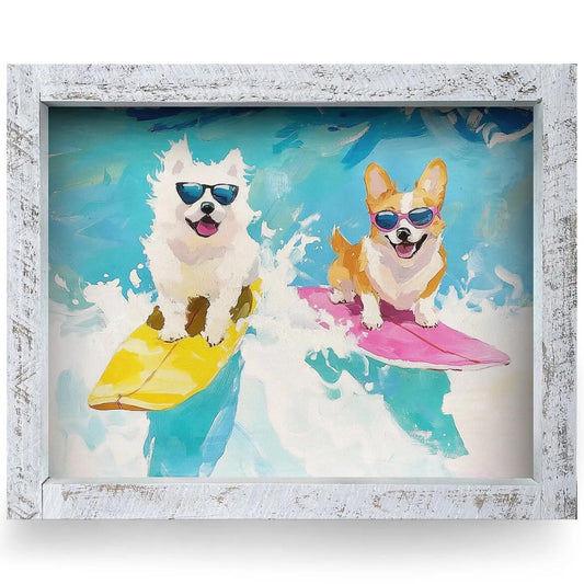 Cute Surfing Pups Wood Framed Art