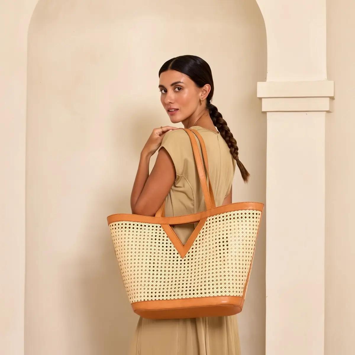 Rattan Large Square Cane Weave Tote w/Triangle