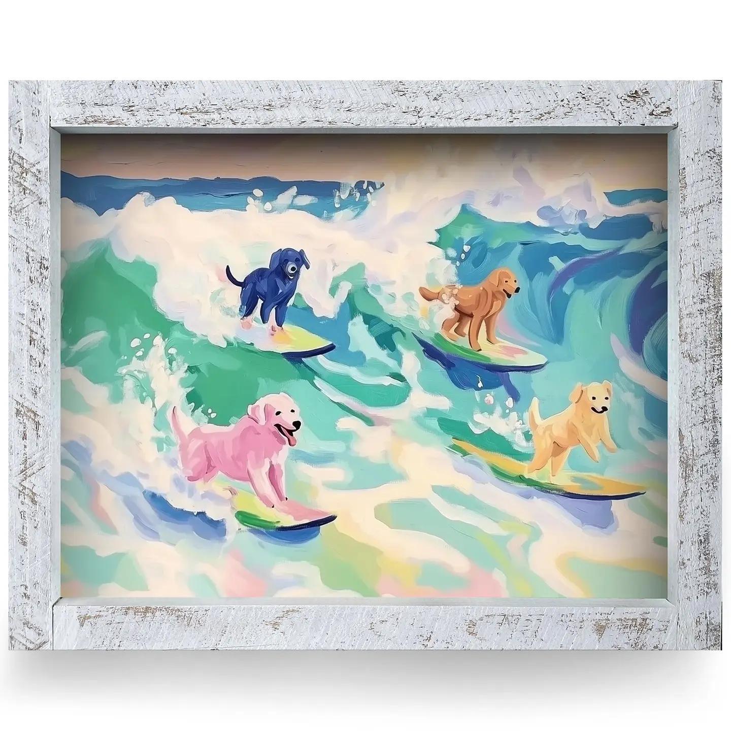 Surfing Dogs Horizontal Wood Framed Art