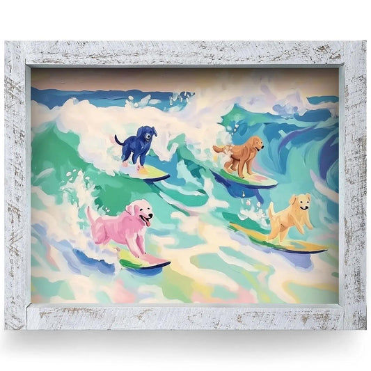 Surfing Dogs Horizontal Wood Framed Art