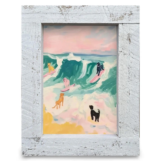Surfing Dogs Vertical Wood Framed Art