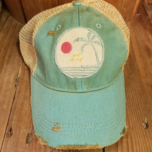 Beach Scene Distressed Trucker Hat