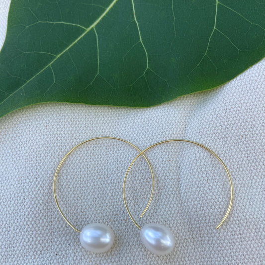 Threader White Freshwater Pearl Hoop Earrings