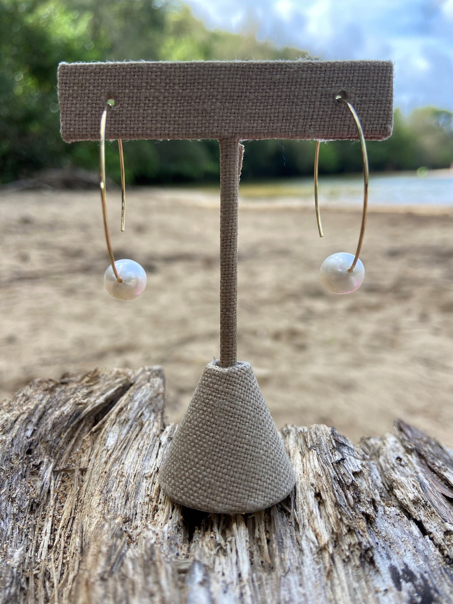 Threader White Freshwater Pearl Hoop Earrings