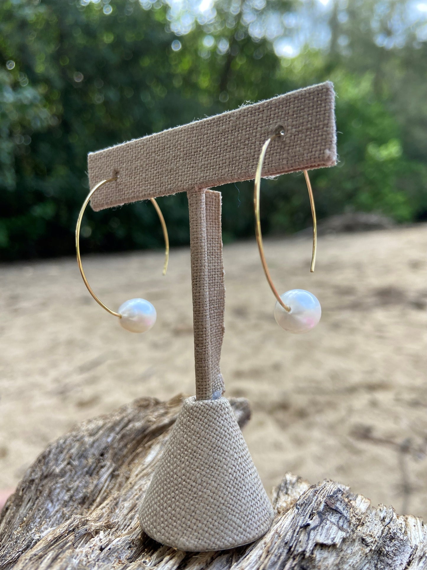 Threader White Freshwater Pearl Hoop Earrings