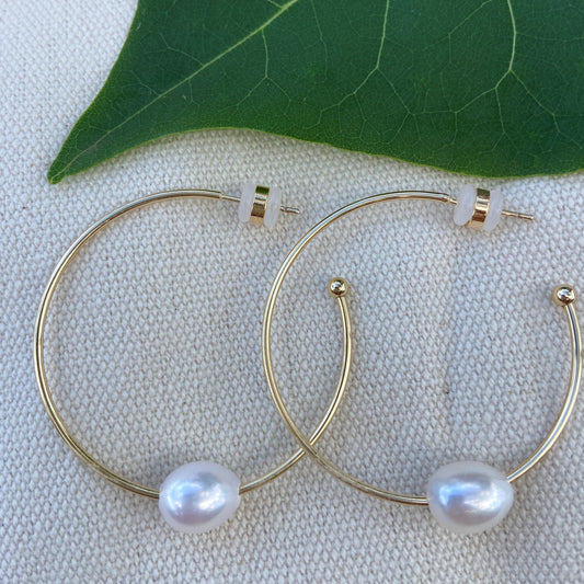 White Freshwater Pearl Large Hoop Earrings